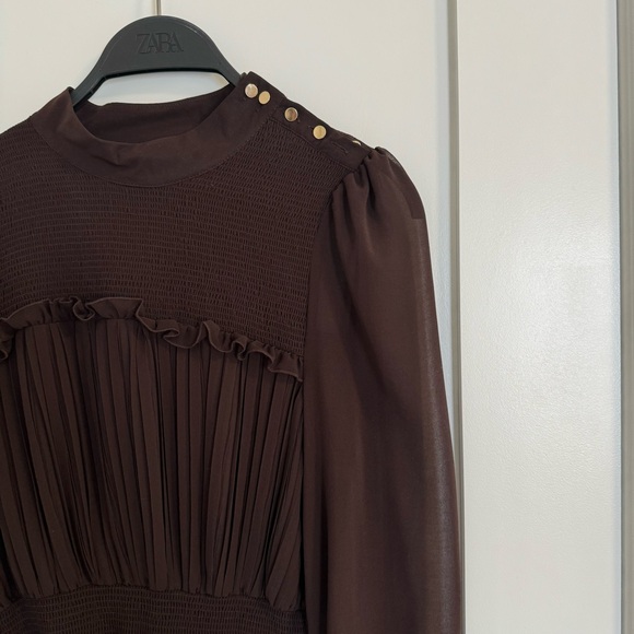NWOT Zara Dark Brown High Collar Pleated Long Dress XS - Picture 5 of 5